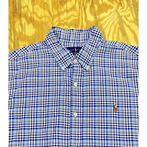 Ralph Lauren Slim Fit Button Down Shirt Men’s Size XXL Blue Plaid Brown Pony - Picture 1 of 9